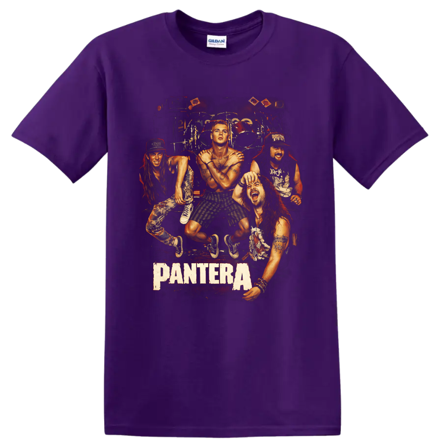 Illustrated Pantera band portrait with drums, concert lights, and Pantera text on a Purple T Shirt