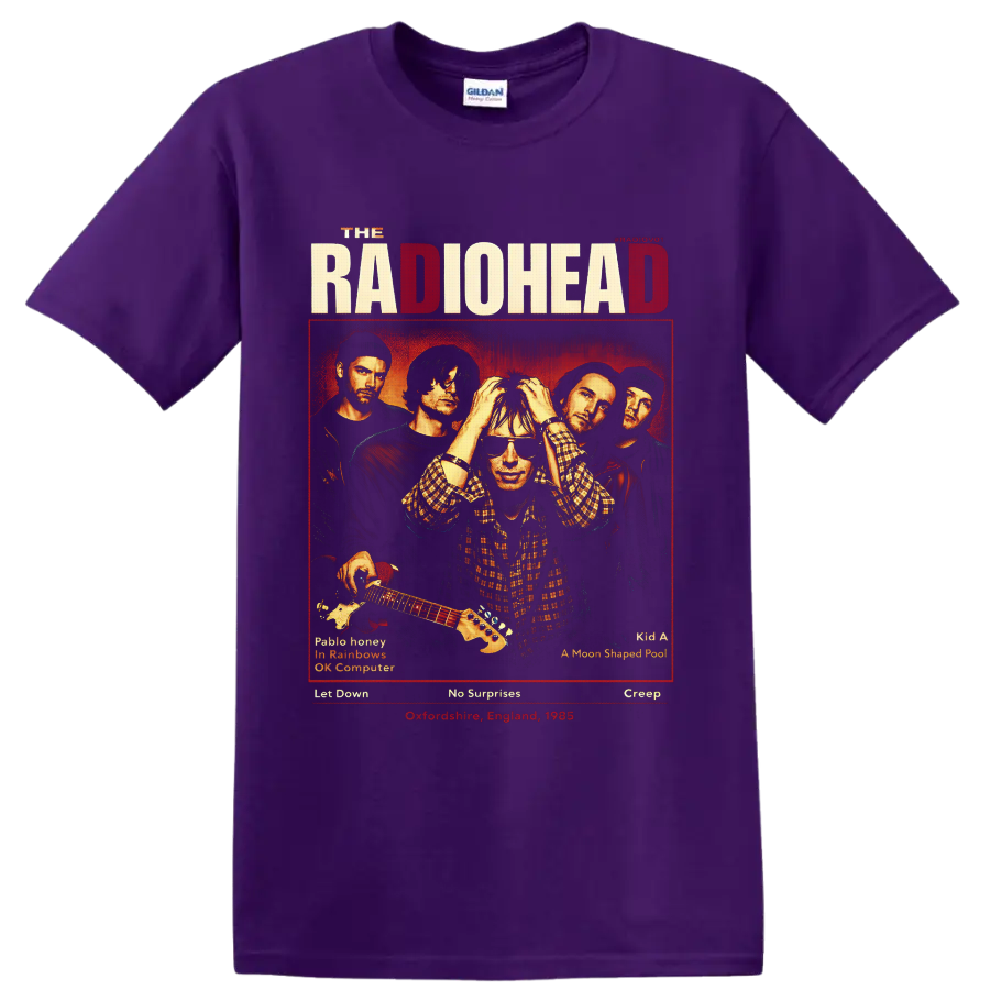 Radiohead band portrait poster with Thom Yorke, guitar, distressed lettering, and song on a Purple T Shirt