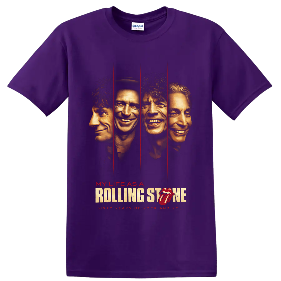 Rolling Stones My Life as a Rolling Stone four-portrait rock graphic with red panels on a Purple T Shirt