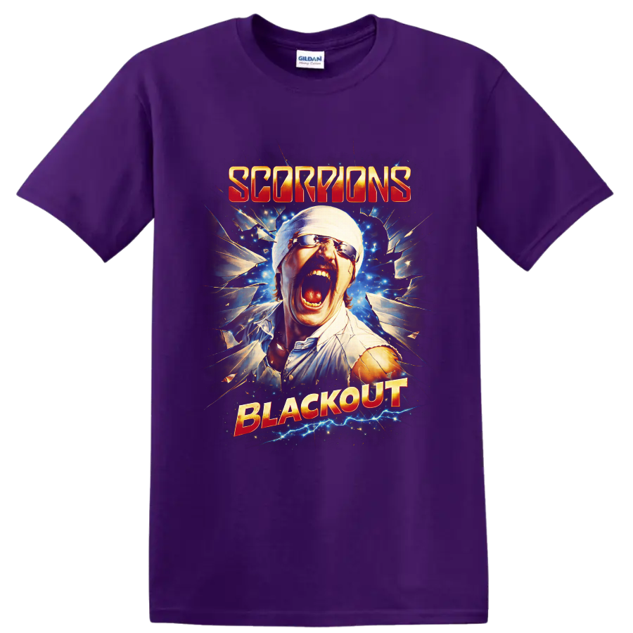 Scorpions Blackout screaming man shattered glass rock artwork with electric blue sparks on a Purple T Shirt