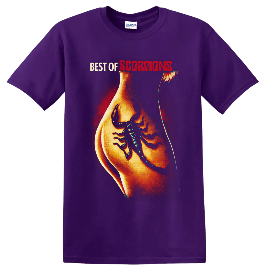 Scorpions Best of lettering above a tattoo-style torso with a large scorpion on a Purple T Shirt