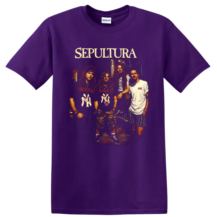 Sepultura band portrait with Max Cavalera, vintage microphone, and distressed logo on a Purple T Shirt