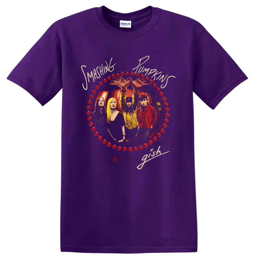 Smashing Pumpkins Gish band portrait with red pumpkin border and cream script lettering on a Purple T Shirt