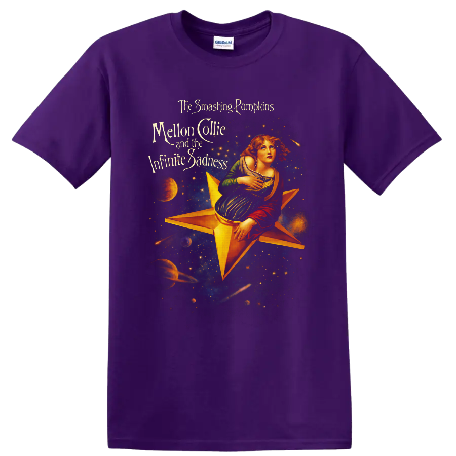 Mellon Collie celestial star maiden with galaxy, planets, and ornate band lettering on a Purple T Shirt
