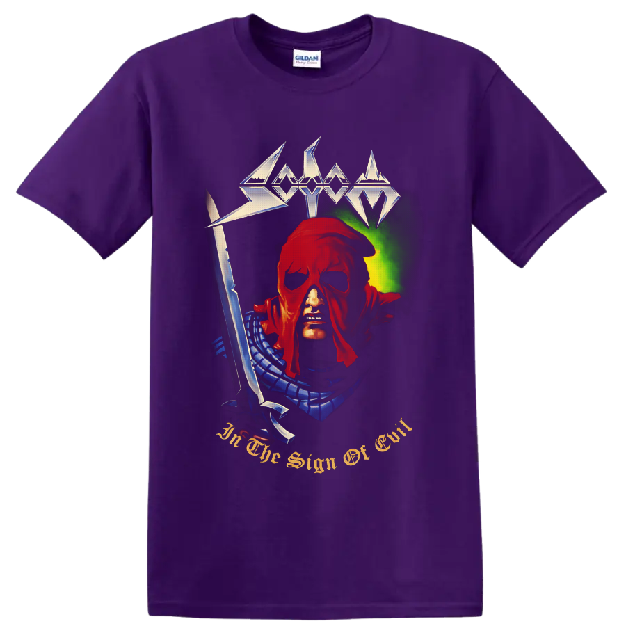 Sodom In the Sign of Evil hooded figure with sword and metallic logo artwork on a Purple T Shirt