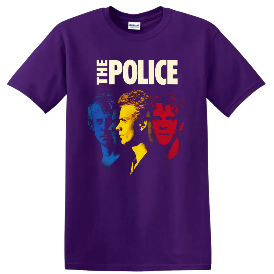 The Police portraits of Sting, Andy Summers, and Stewart Copeland in distressed pop art on a Purple T Shirt