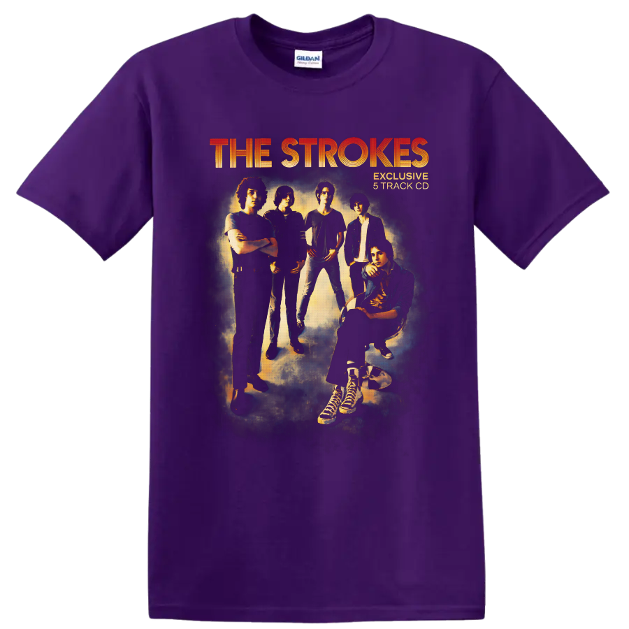 The Strokes group portrait with orange lettering in a smoky vintage rock poster style on a Purple T Shirt