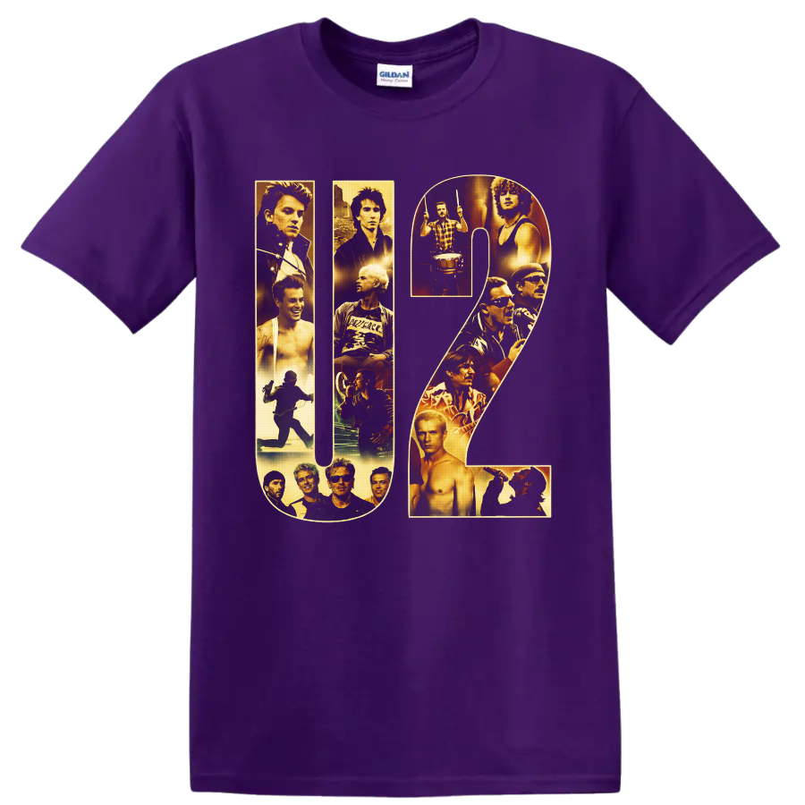 U2 letterforms filled with gold-toned band portraits, drummer, singer, and stage imagery on a Purple T Shirt