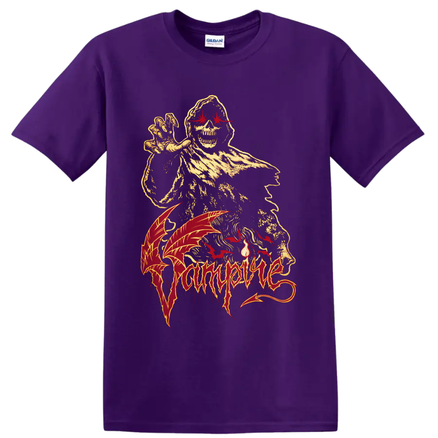 Vampire hooded skeleton with red bats and distressed gothic horror artwork on a Purple T Shirt