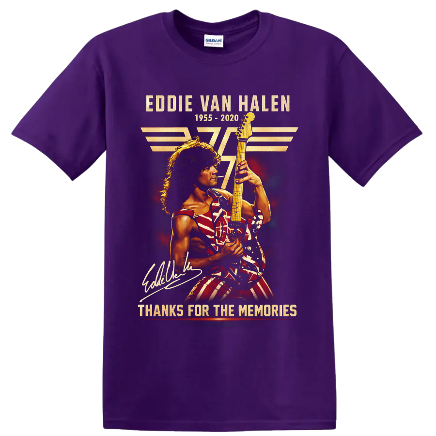 Eddie Van Halen memorial guitarist graphic with 1955–2020 and Thanks for the Memories on a Purple T Shirt