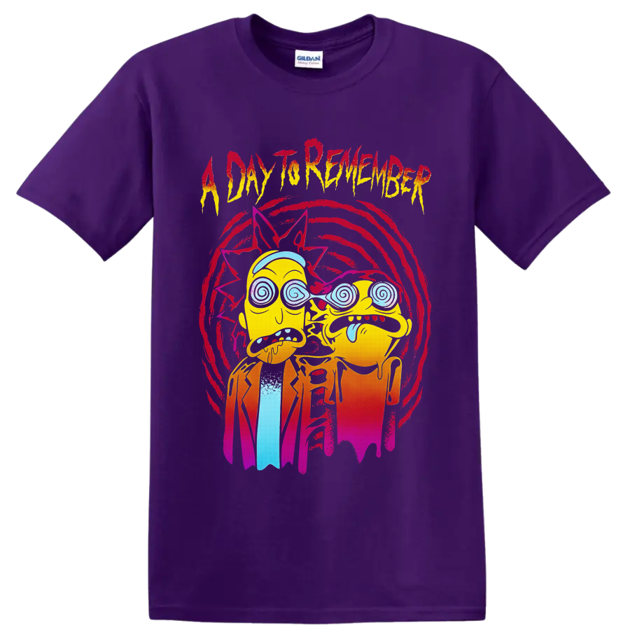 Rick and Morty trippy cartoon art with A Day To Remember distressed lettering on a Purple T Shirt