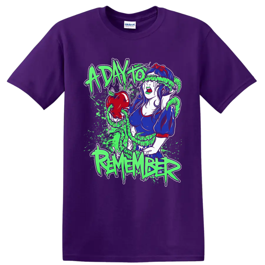 Snow White with red apple and green coils in A Day To Remember metalcore art on a Purple T Shirt