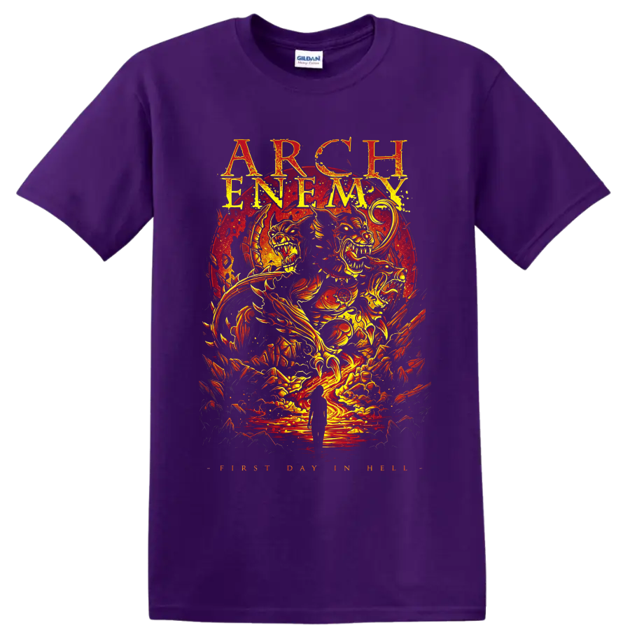 Arch Enemy First Day in Hell fiery skull creatures and distressed metal concert art on a Purple T Shirt