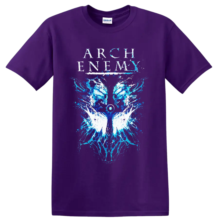 Arch Enemy distressed lettering above mirrored blue skulls, white wings, and electric on a Purple T Shirt