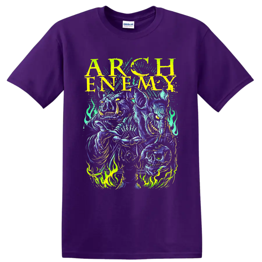 Arch Enemy neon horned skeleton, skull, flames, and distressed lettering graphic on a Purple T Shirt