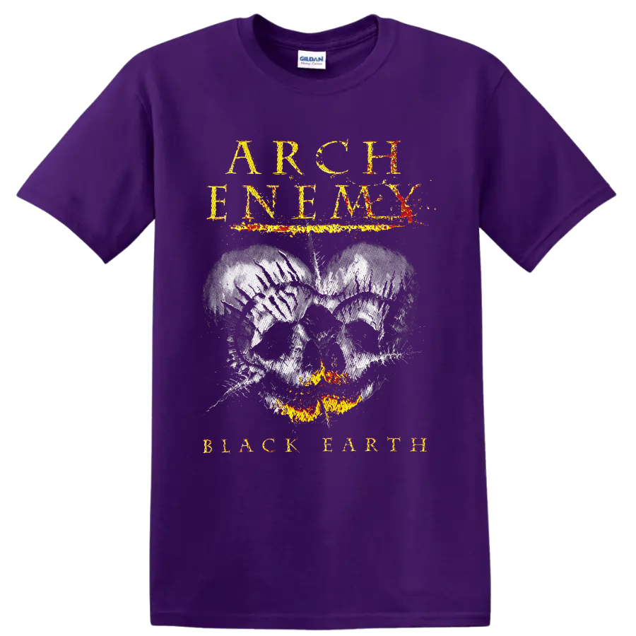 Arch Enemy Black Earth distressed skull with flames and fiery gothic lettering on a Purple T Shirt