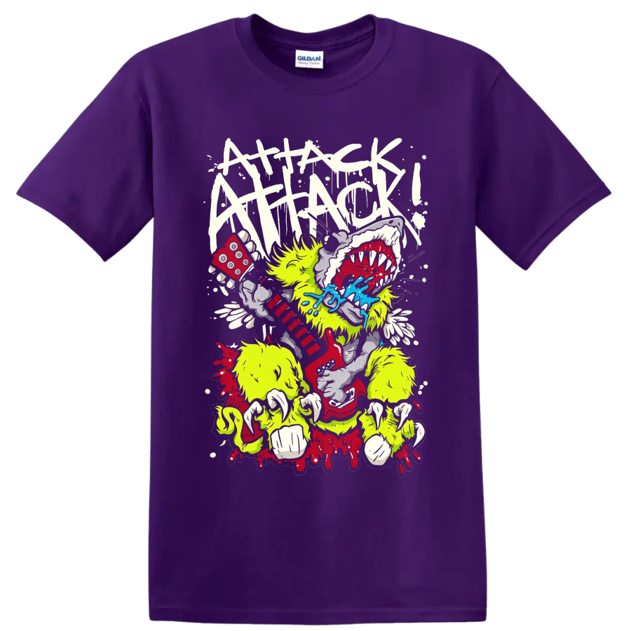 Attack Attack! neon monster holding red dice with teeth, blue splash, and paint drips on a Purple T Shirt
