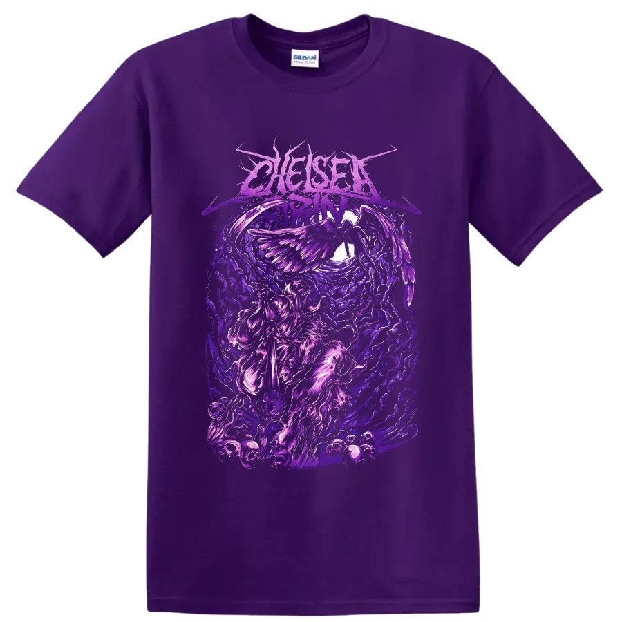 Chelsea Grin gothic winged angel with ornate purple clouds and flame-like artwork on a Purple T Shirt