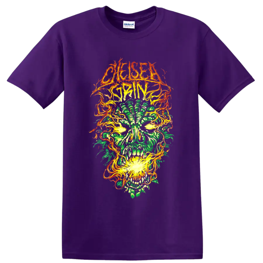 Chelsea Grin thorned logo above neon green skull with swirling orange flame artwork on a Purple T Shirt