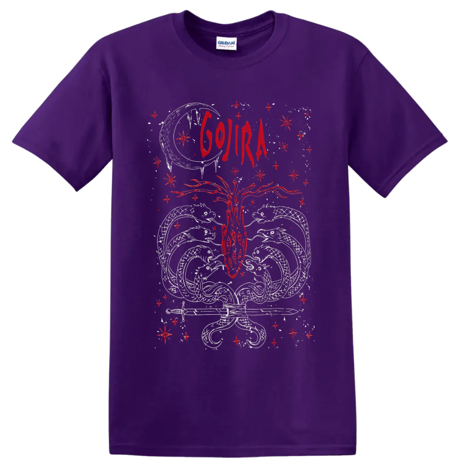 Gojira sacred heart with moon, wings, stars, and red gothic celestial linework on a Purple T Shirt