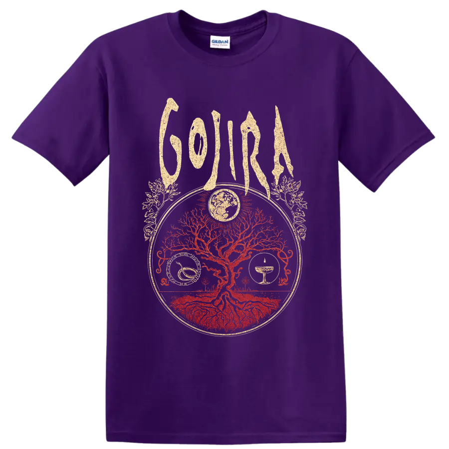 Gojira Tree of Life design with red rooted tree, globe, symbols, and distressed lettering on a Purple T Shirt