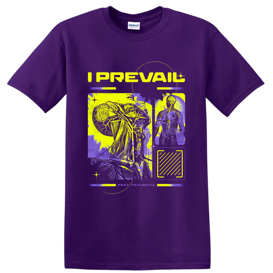 I Prevail Post Traumatic neon anatomy collage with skeletal figures and abstract panels on a Purple T Shirt