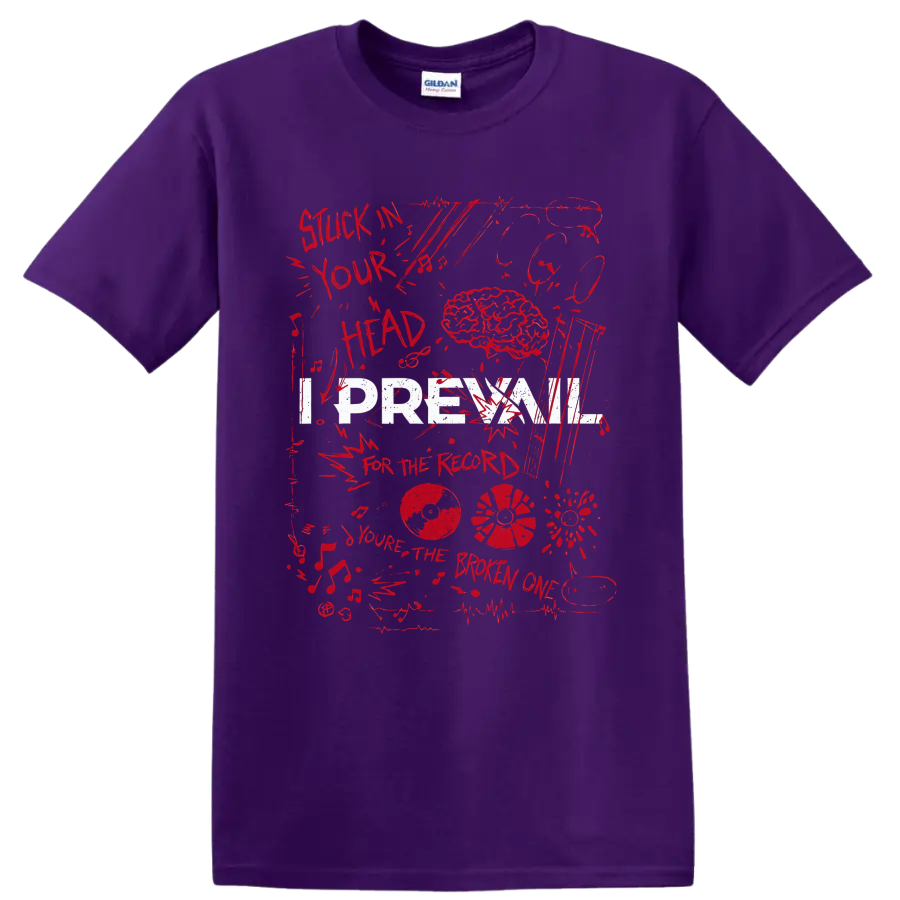 I Prevail inspired distressed brain, vinyl records, music notes, and red collage on a Purple T Shirt