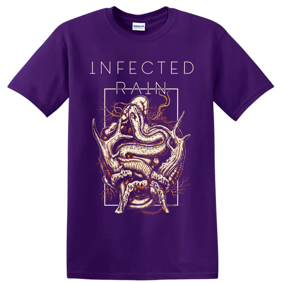 Infected Rain serpent and skeletal figure in distressed gothic line art on a Purple T Shirt