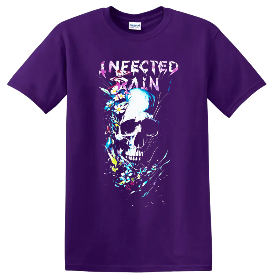 Infected Rain distressed logo above a floral skull with vivid abstract botanical accents on a Purple T Shirt