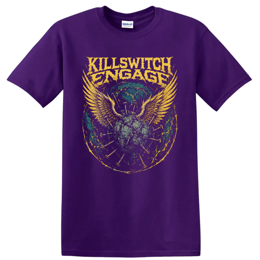Killswitch Engage distressed logo with winged skull, nails, and cracked circular artwork on a Purple T Shirt