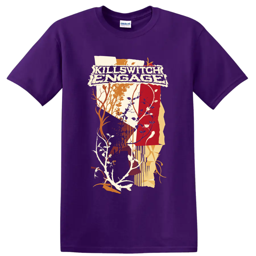 Killswitch Engage distressed logo with abstract woodland branches, vines, and warm on a Purple T Shirt