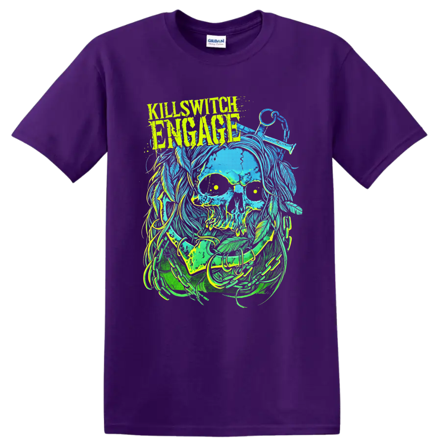 Killswitch Engage distressed skull with flowing hair, scissors, and neon metal artwork on a Purple T Shirt