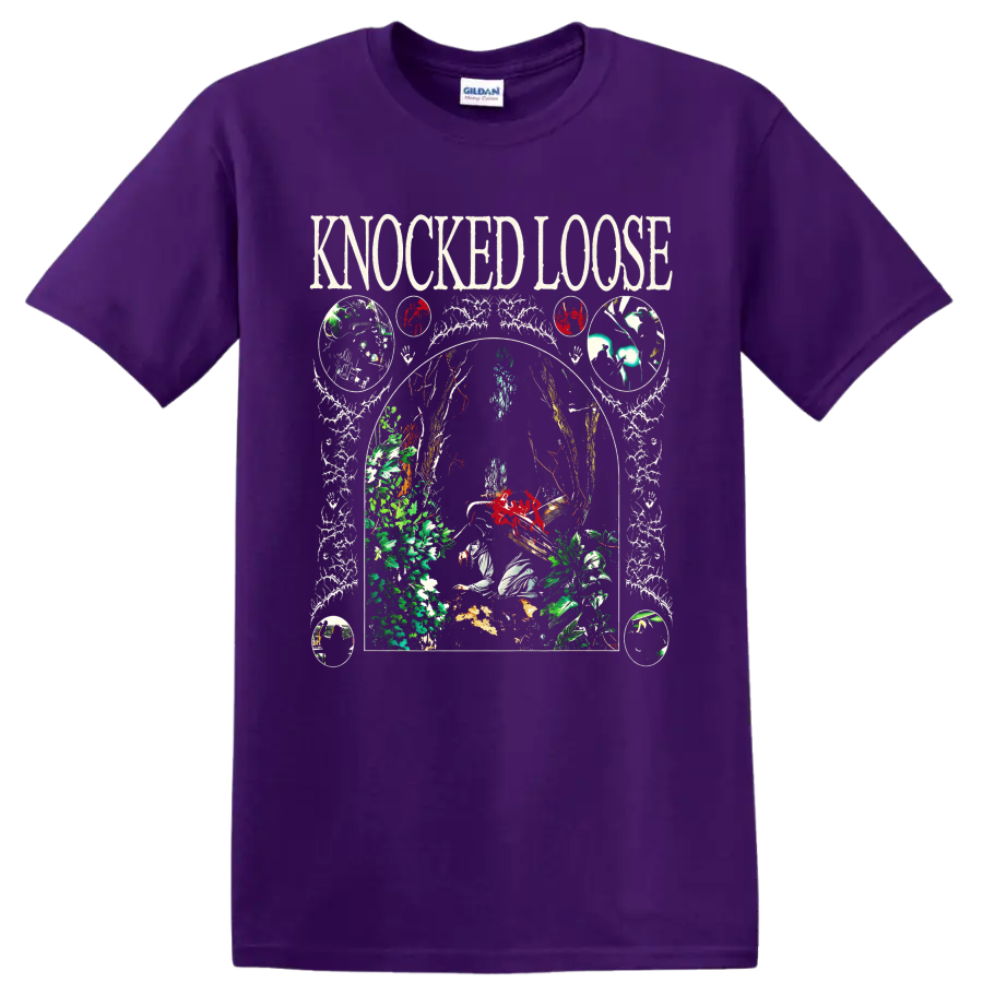 Knocked Loose gothic botanical skull and skeletal arch graphic on a Purple T Shirt