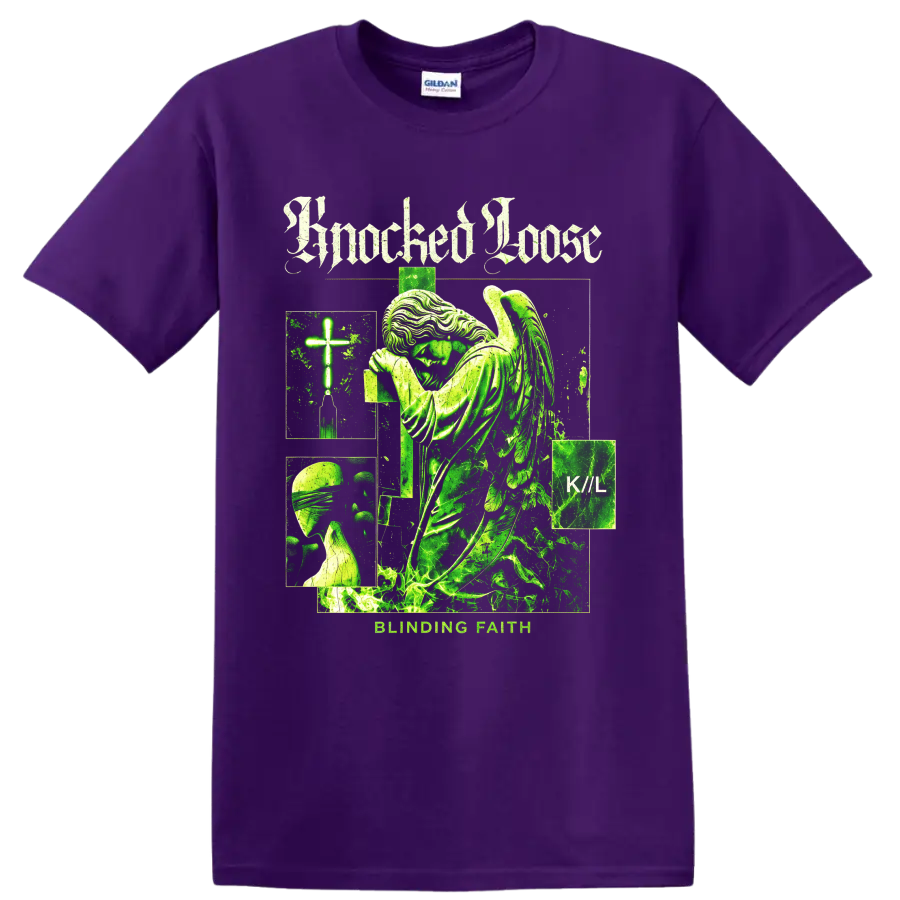 Knocked Loose Blinding Faith gothic collage with winged figure, cross, and K//L text on a Purple T Shirt