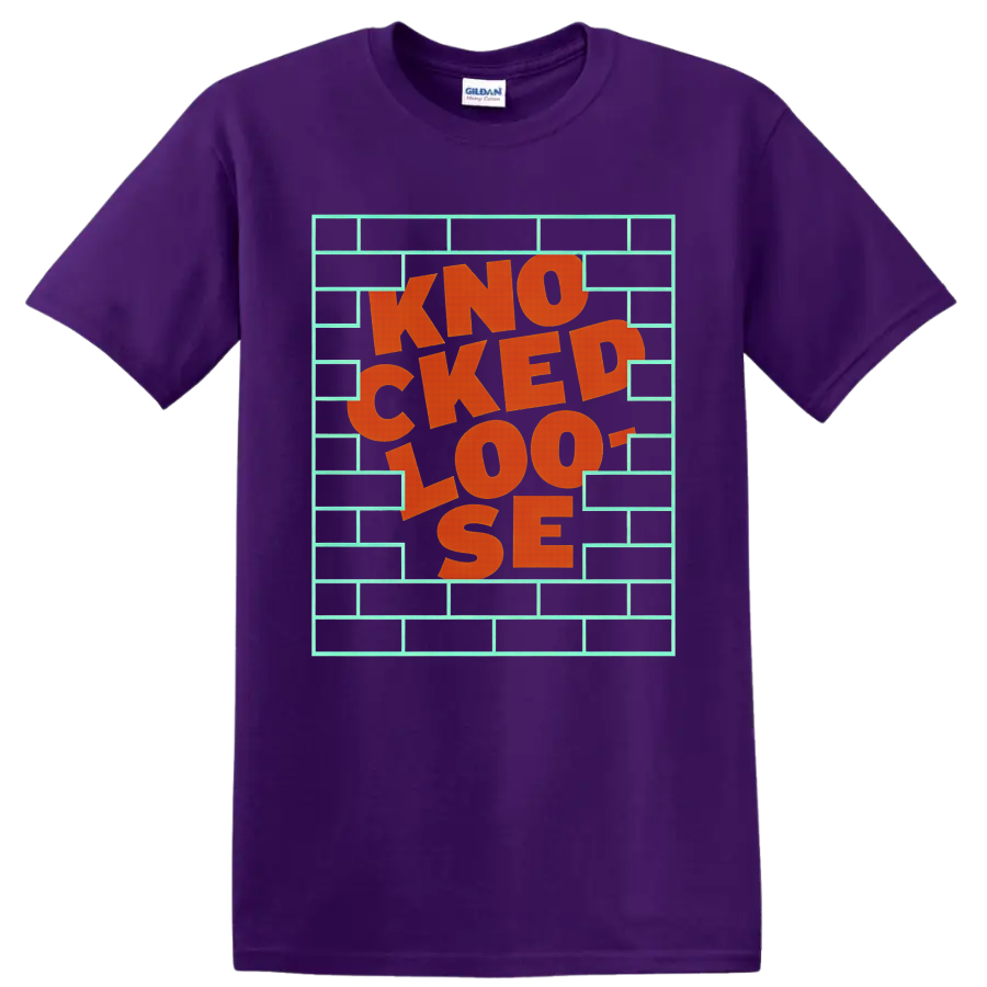 Knocked Loose The Wall orange lettering inside a mint brick wall frame on a Purple T Shirt