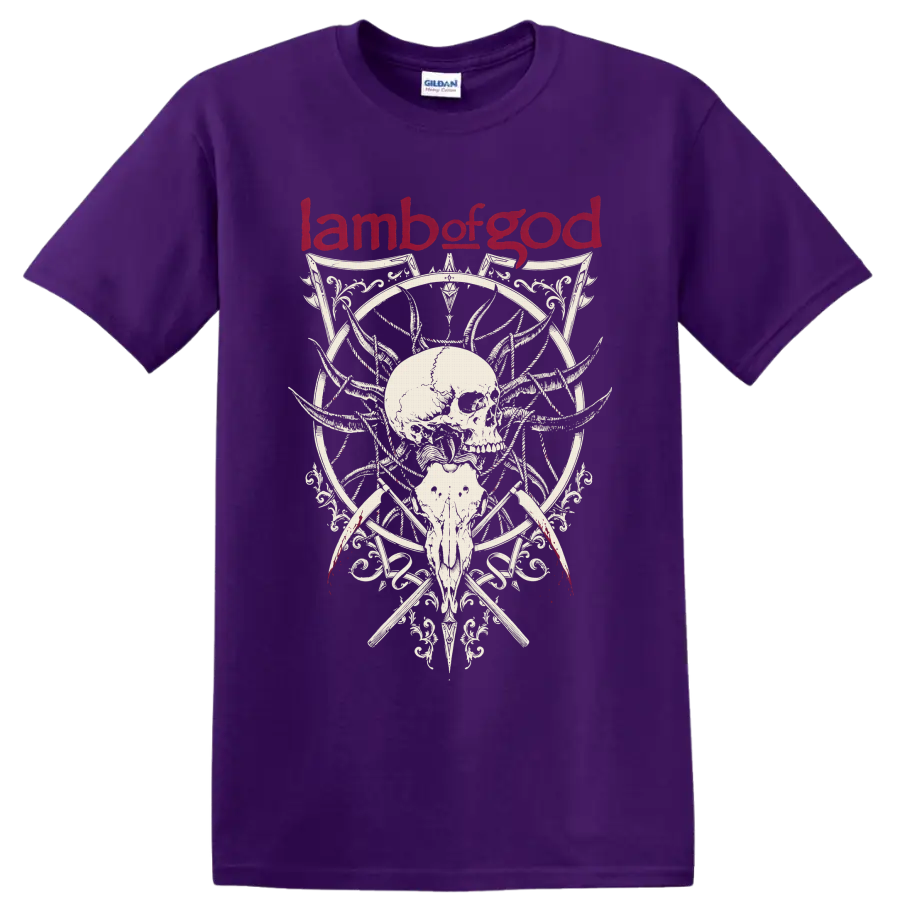 Lamb of God red logo above ornate gothic skull and animal skull artwork on a Purple T Shirt