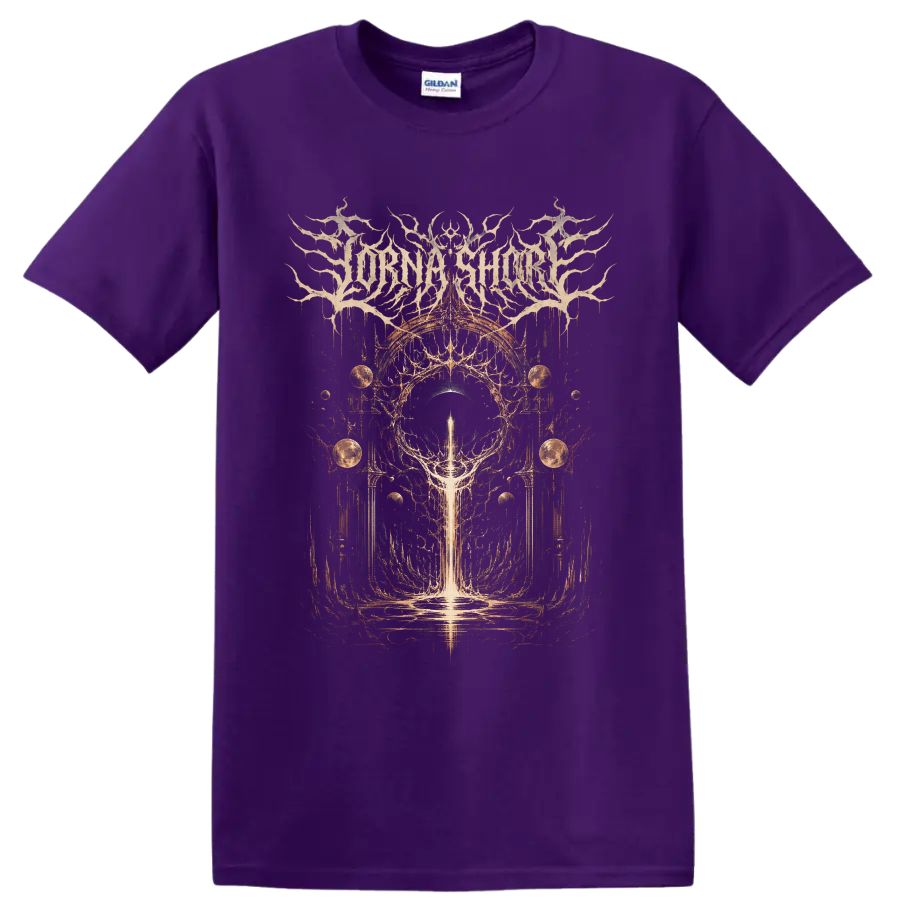 Lorna Shore logo above gothic cosmic eclipse, planets, arches, and luminous beam artwork on a Purple T Shirt
