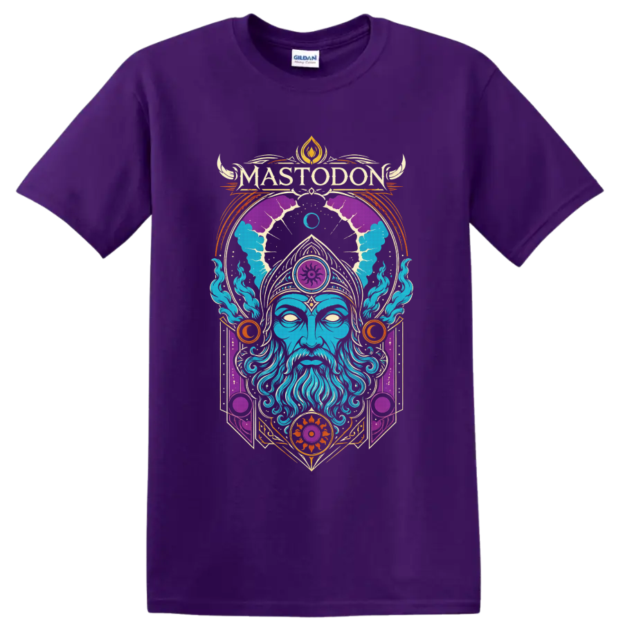 Mastodon logo above a blue wizard with psychedelic celestial and ornamental art on a Purple T Shirt