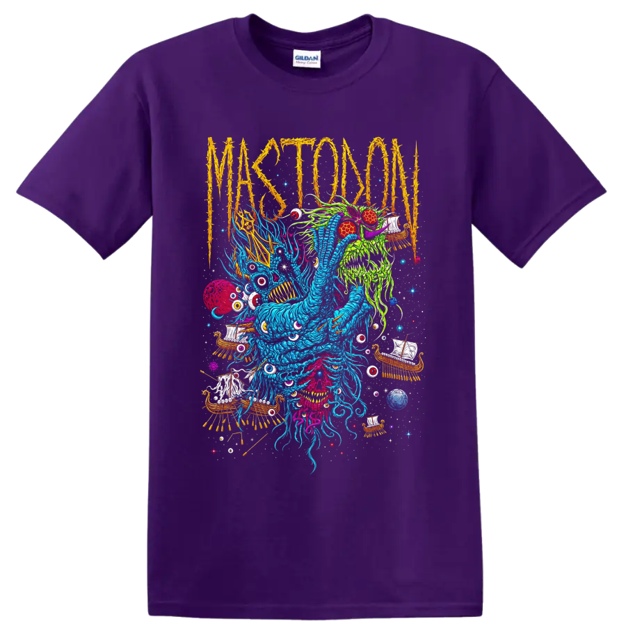 Mastodon thorn-lettered psychedelic monster with Viking ships, eyes, and cosmic details on a Purple T Shirt