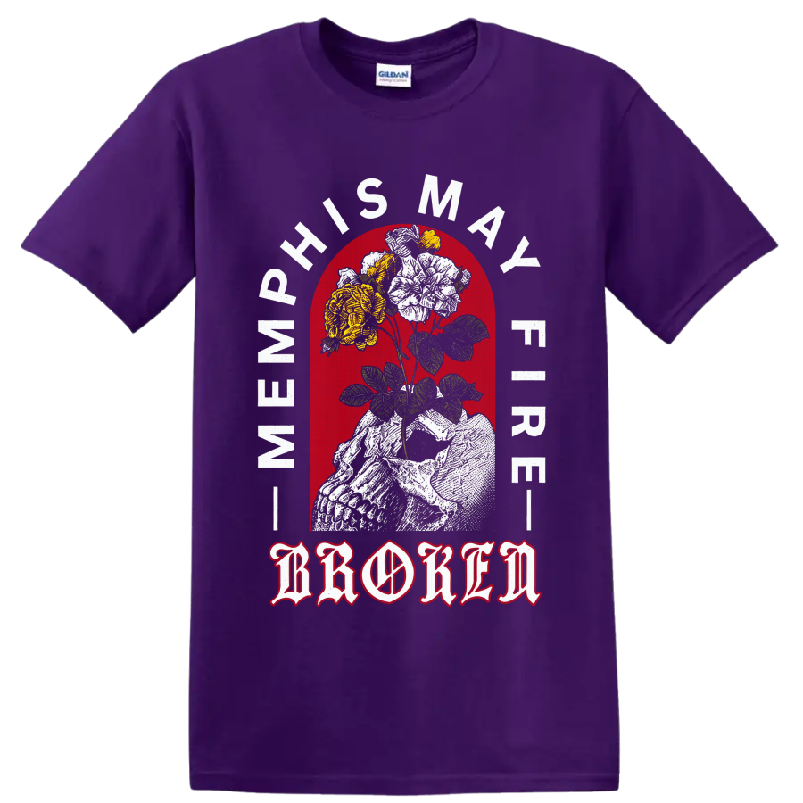 Memphis May Fire gothic statue holding roses with red arch and ornate lettering on a Purple T Shirt