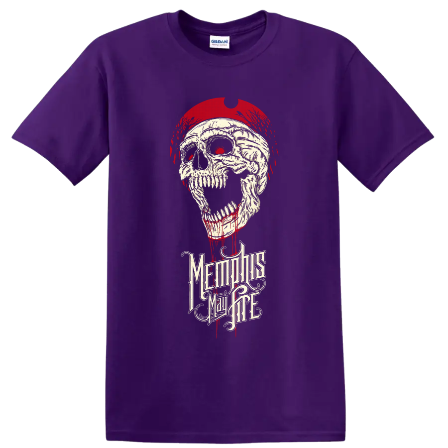 Memphis May Fire gothic skull with red paint drips and ornate band lettering on a Purple T Shirt