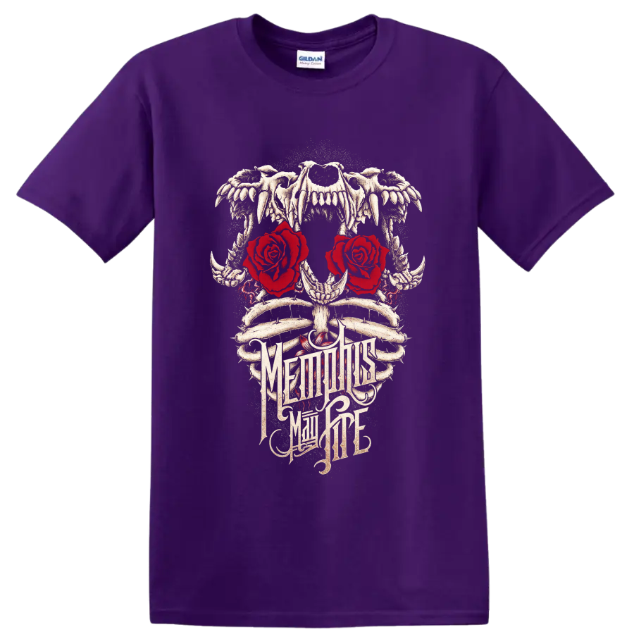 Memphis May Fire gothic skull, bones, red roses, and ornate logo artwork on a Purple T Shirt