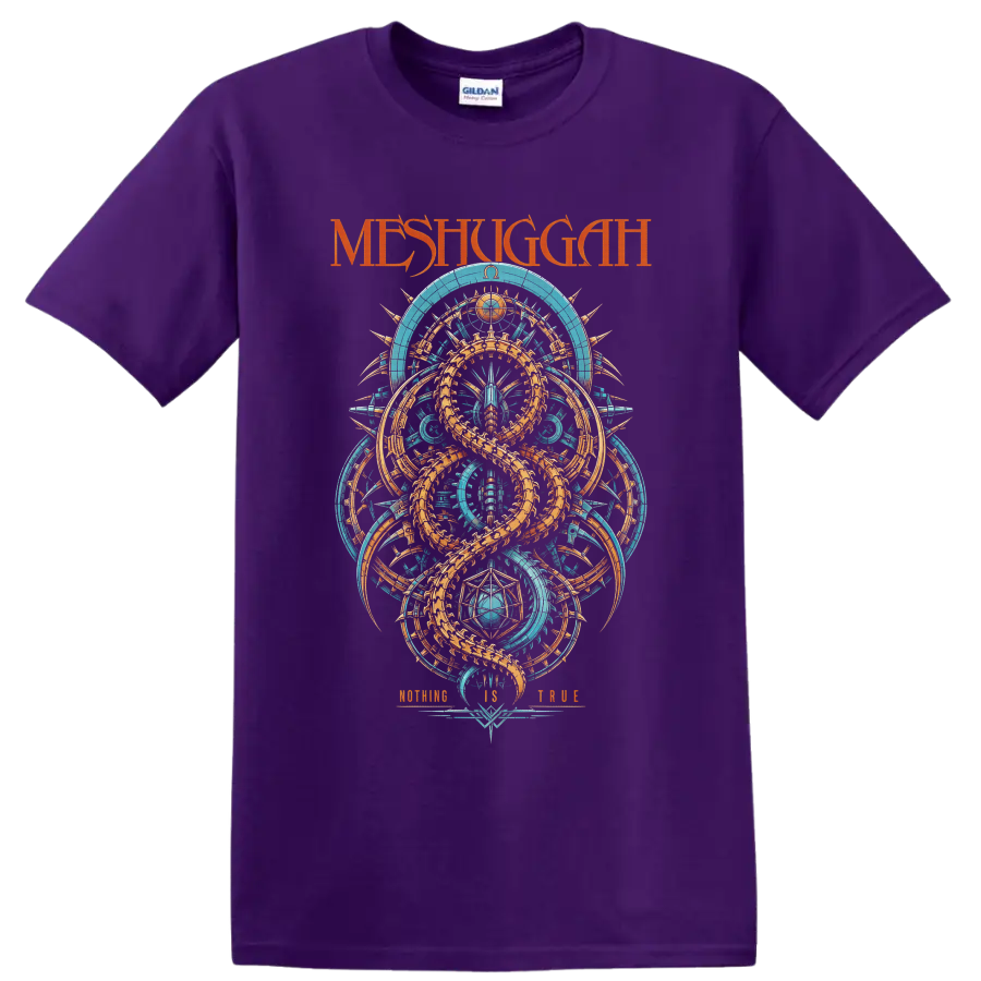 Meshuggah Koloss-inspired turquoise and orange serpent geometry with Nothing Is True text on a Purple T Shirt