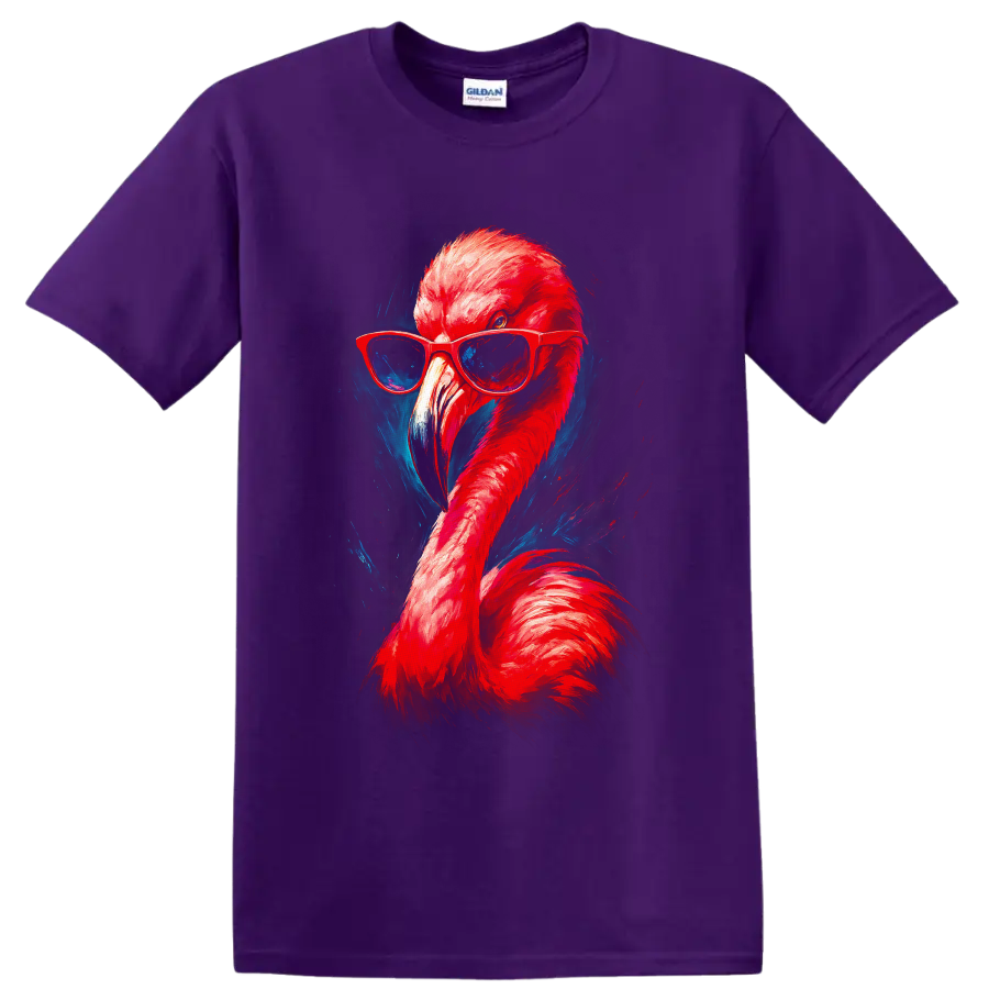 Stylish flamingo in red sunglasses with vivid neon painterly blue accents on a Purple T Shirt