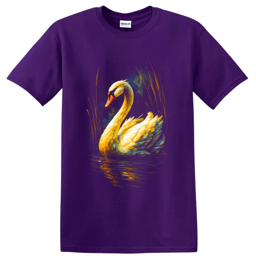 Dramatic painterly mute swan with golden feathers, reeds, and reflective water on a Purple T Shirt