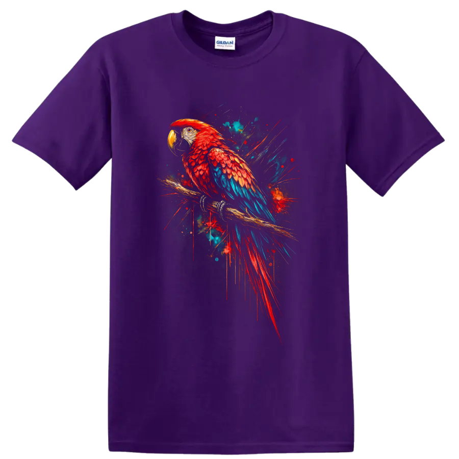 Scarlet macaw parrot on a branch in vibrant red and blue paint splash art on a Purple T Shirt