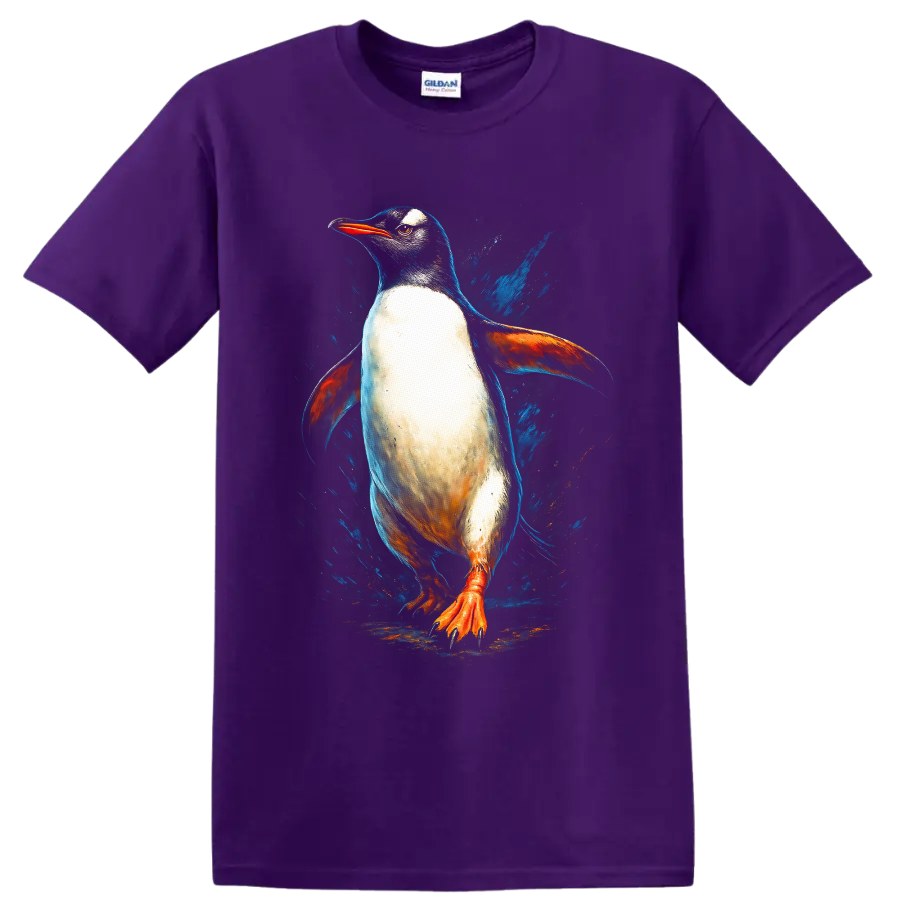 Dynamic Gentoo penguin in colorful painterly wildlife art with blue splashes on a Purple T Shirt