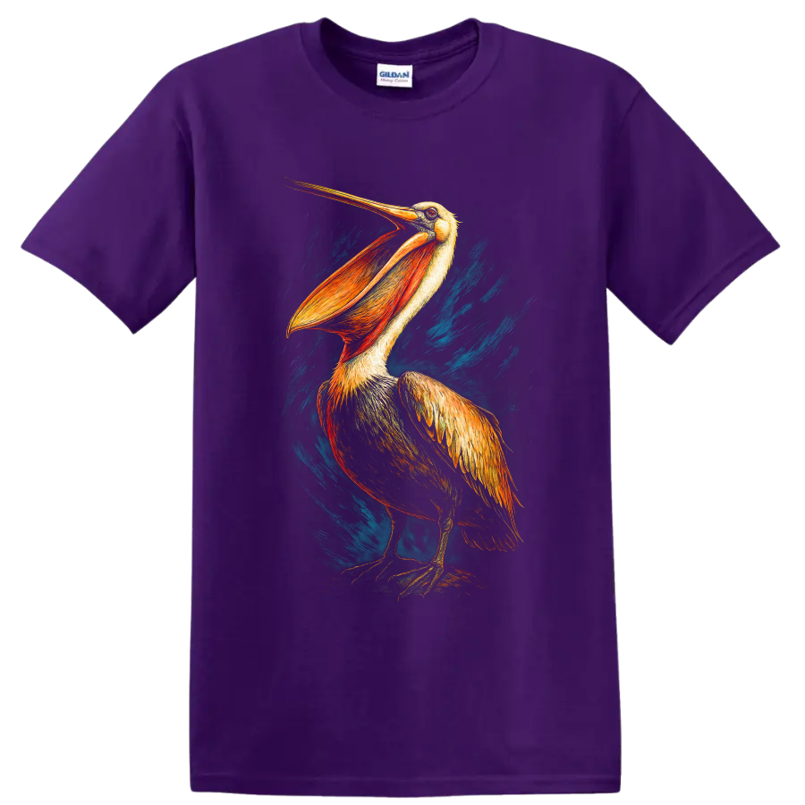 Dramatic hand-drawn pelican with golden feathers and teal coastal brushstrokes on a Purple T Shirt