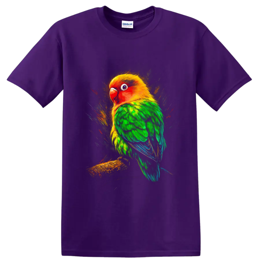 Vibrant sun conure parrot portrait on a branch with painterly tropical splashes on a Purple T Shirt