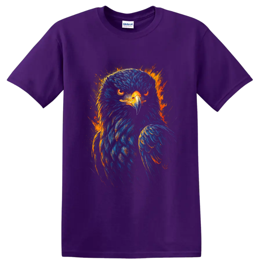 Fierce bald eagle portrait in blue and orange fiery paint-splash art on a Purple T Shirt